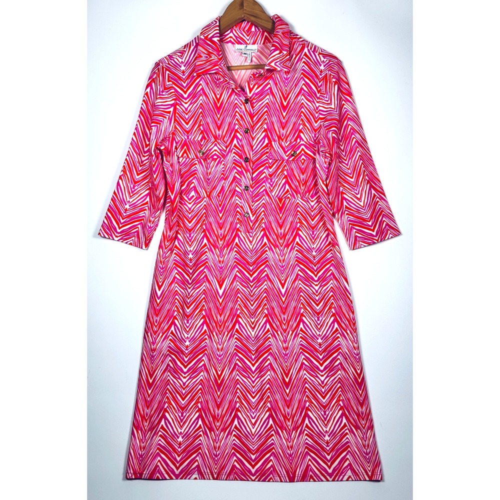 Jude Connally Shirt Dress Medium Pink Orange Geometric Made in USA Preppy Resort